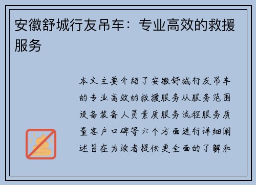 安徽舒城行友吊车：专业高效的救援服务