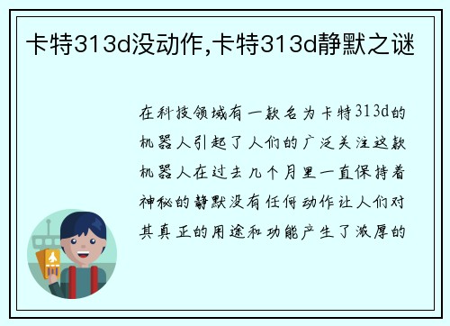 卡特313d没动作,卡特313d静默之谜