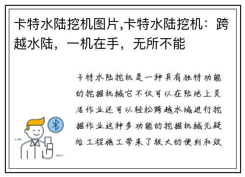 卡特水陆挖机图片,卡特水陆挖机：跨越水陆，一机在手，无所不能