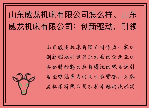山东威龙机床有限公司怎么样、山东威龙机床有限公司：创新驱动，引领行业发展